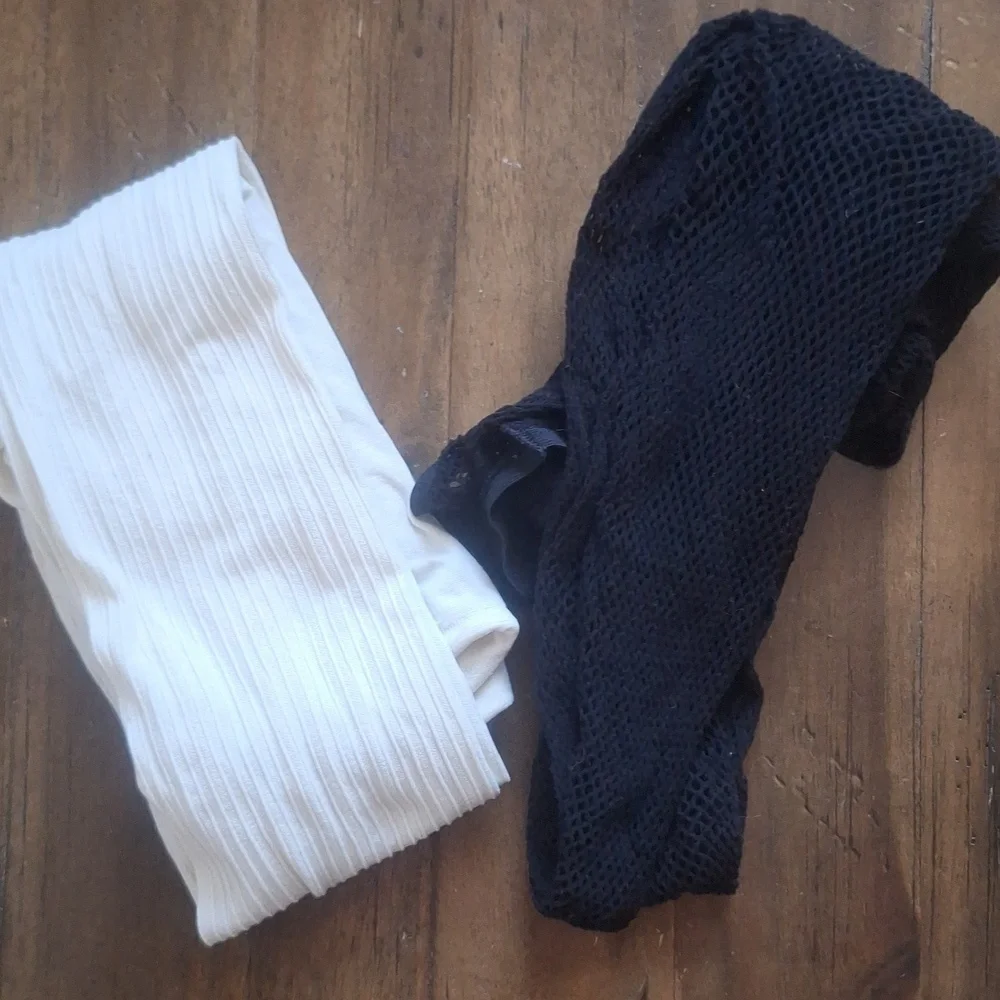 🎁Black Fishnet Tights and Off-White Striped Tights Bundle Size Small